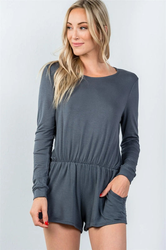 Grey Comfy Tie-Back Long Sleeve Romper / 3-2-1 - Tasha Apparel Wholesale