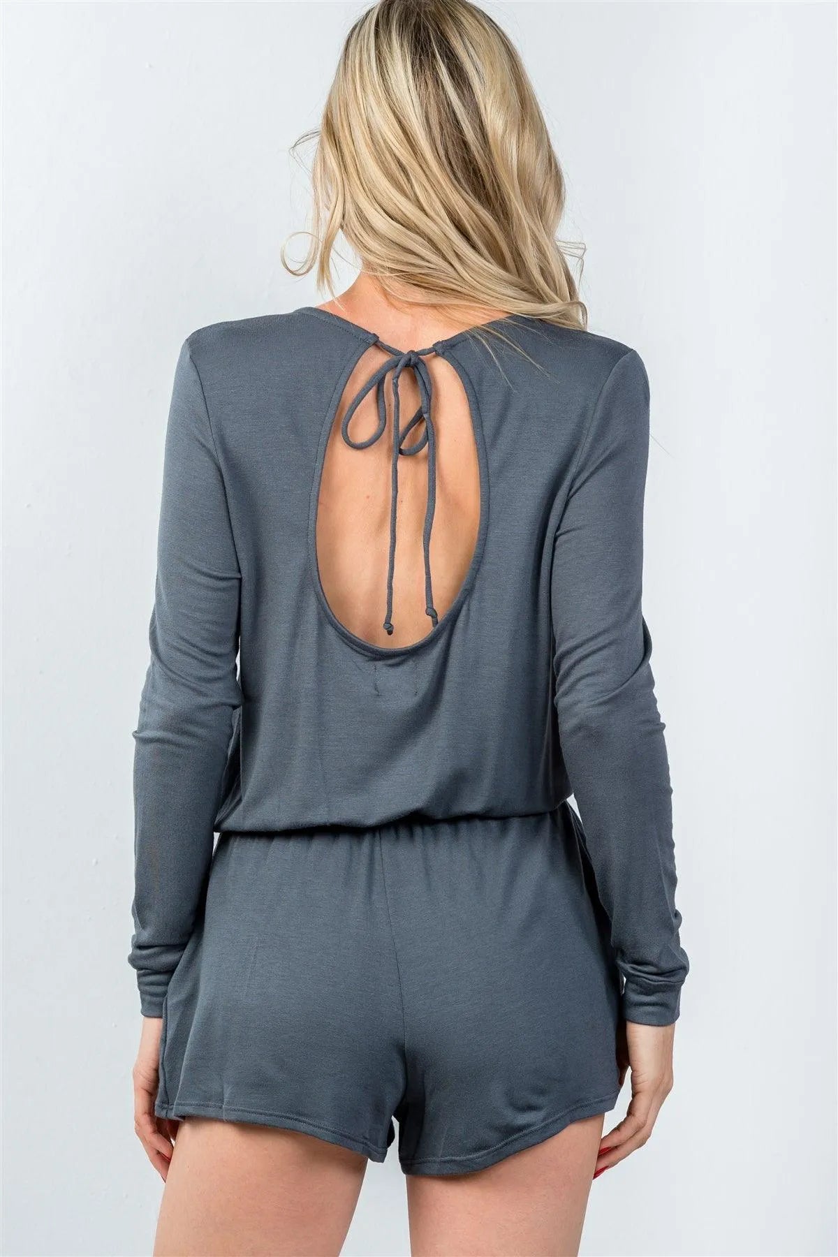 Grey Comfy Tie-Back Long Sleeve Romper / 3-2-1 - Tasha Apparel Wholesale