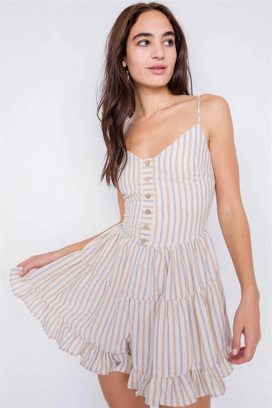 Vintage Natural & Navy Multi Stripe Frill Trim Hem Boho Chic Linen Romper /3-2-1 - Tasha Apparel Wholesale