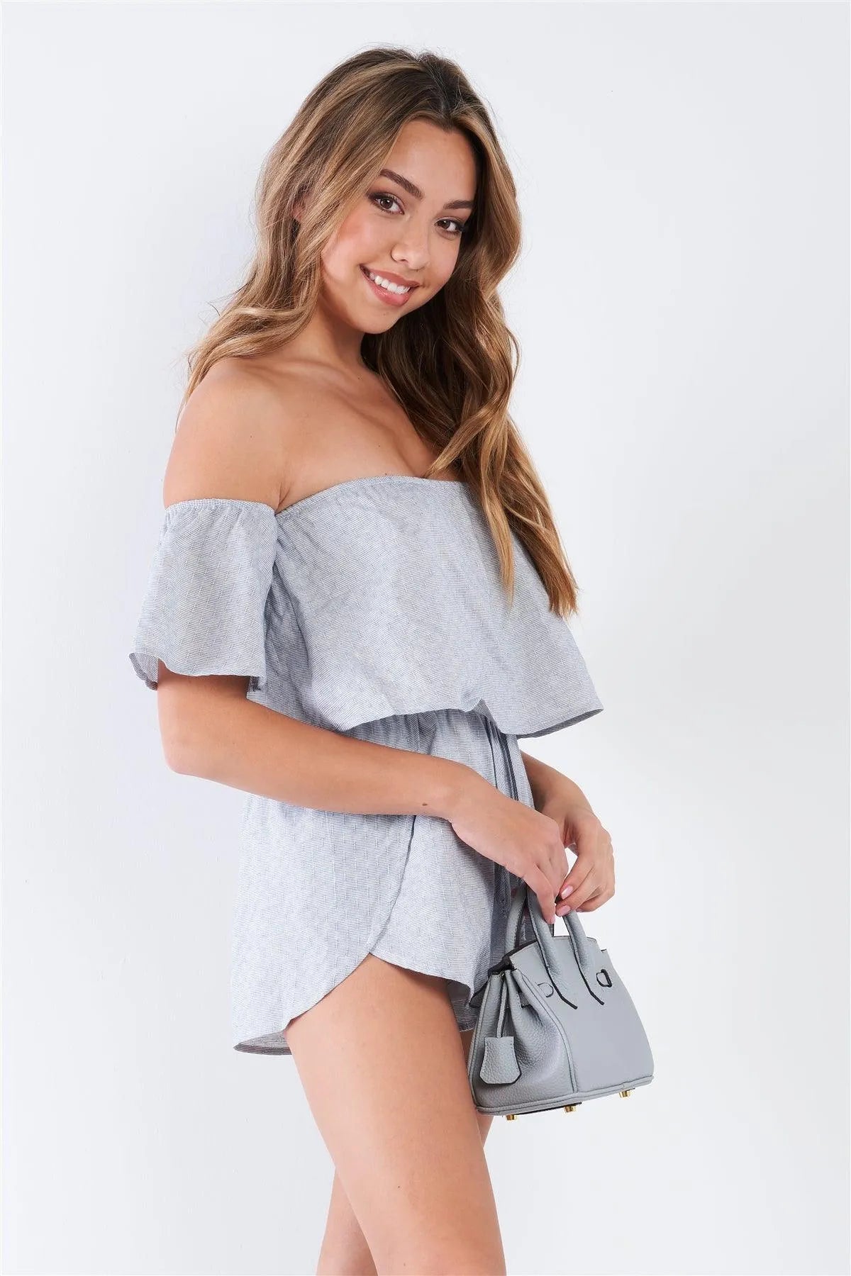 Blue Casual Off The Shoulder Elastic Waist Romper /3-2-1 - Tasha Apparel Wholesale