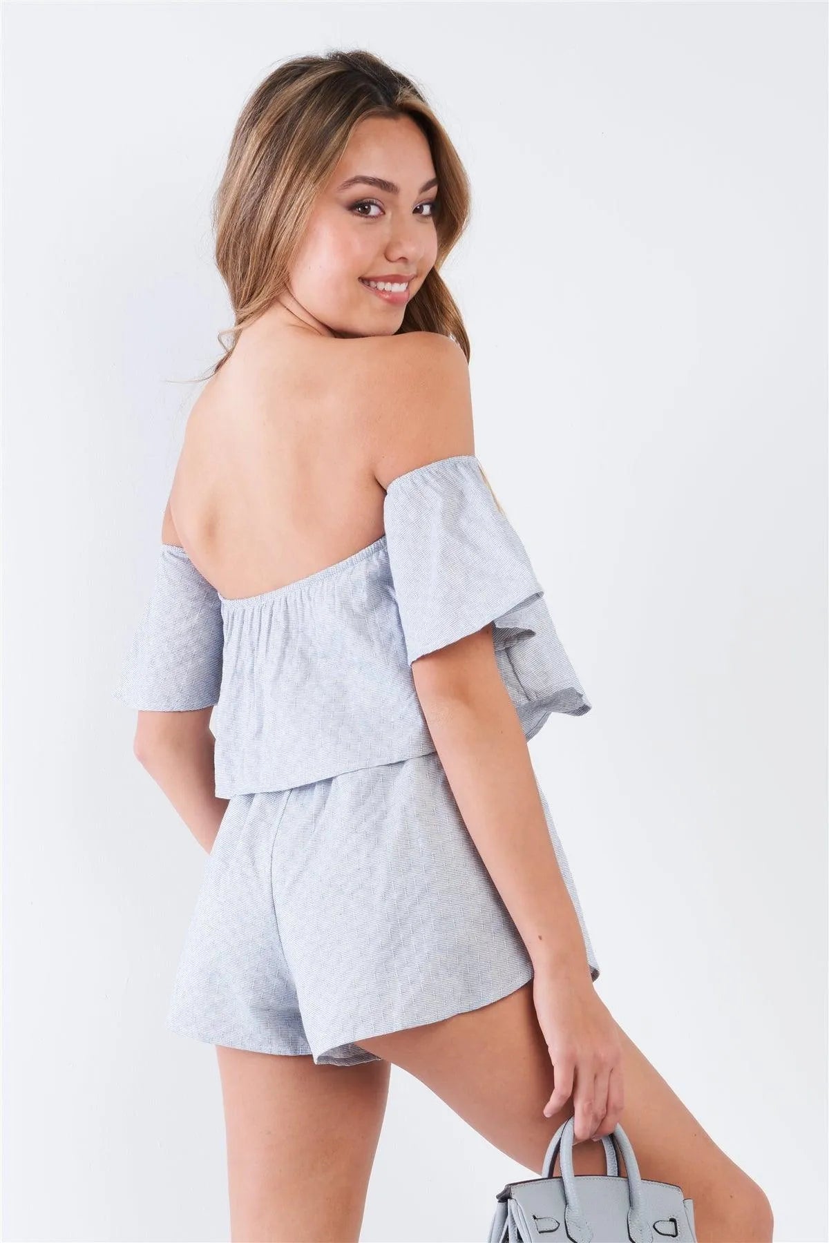 Blue Casual Off The Shoulder Elastic Waist Romper /3-2-1 - Tasha Apparel Wholesale