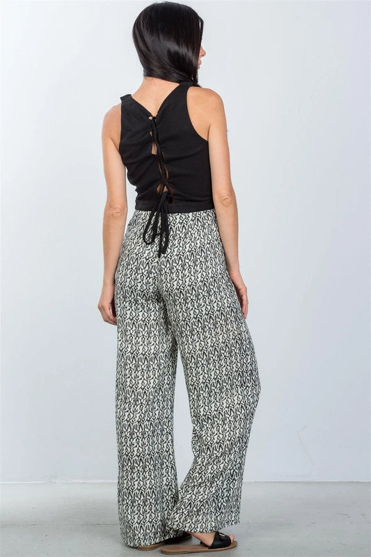 Black Printed Back Lace Up Jumpsuit / 3-2-1 - Tasha Apparel Wholesale