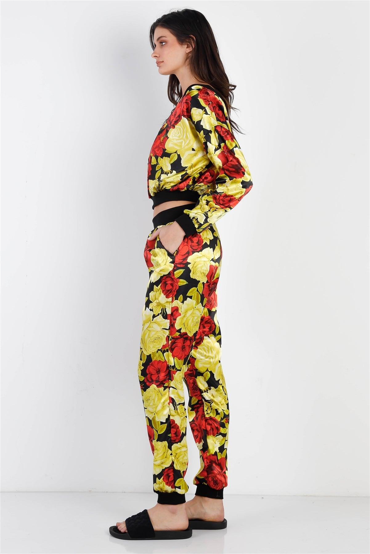 Black & Satin Effect Red & Lime Floral Print V-Neck Top & Pants Set /2-2-2