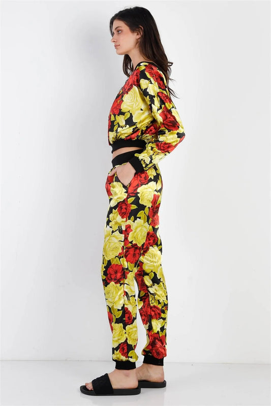 Black & Satin Effect Red & Lime Floral Print V-Neck Top & Pants Set /2-2-2 - Tasha Apparel Wholesale