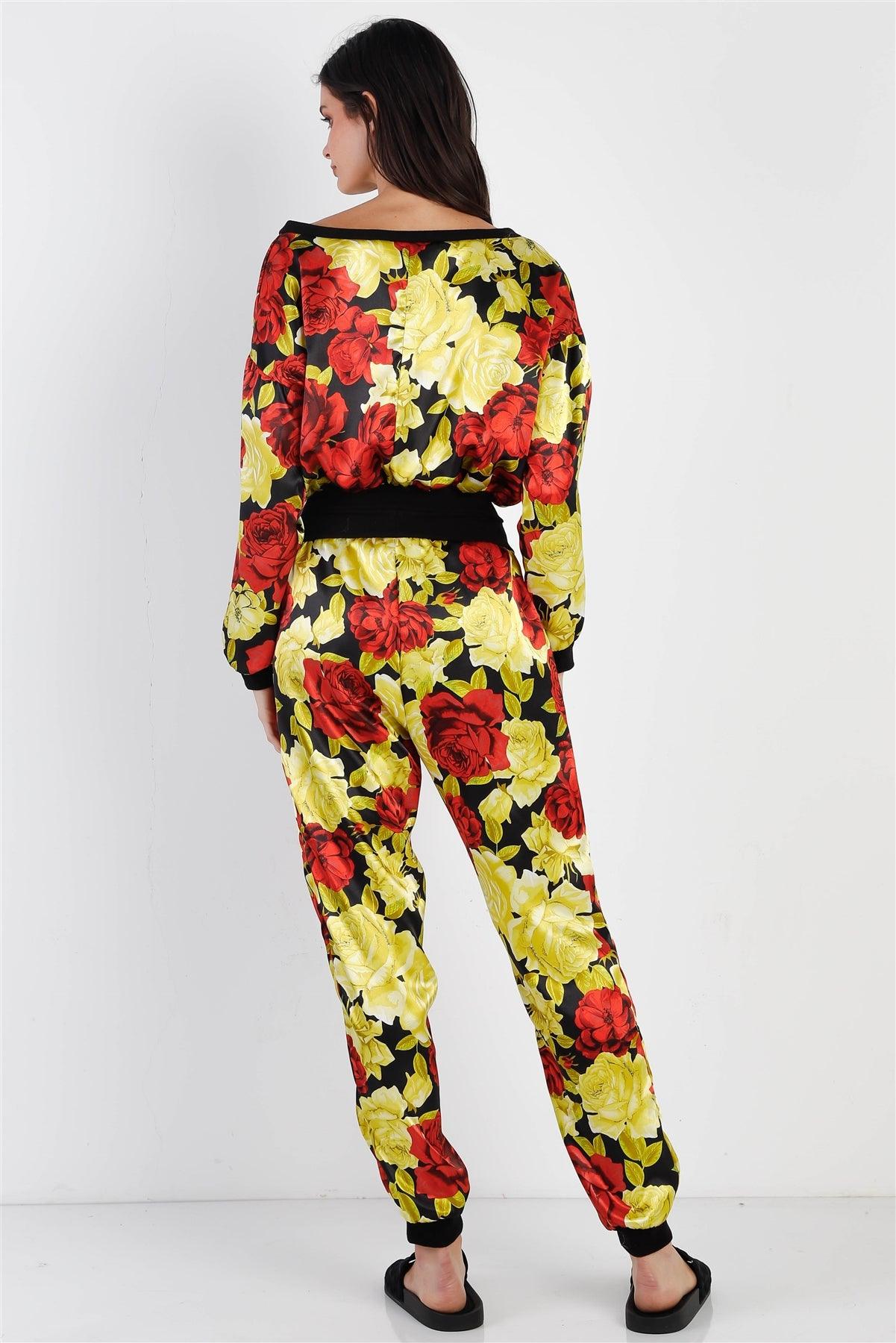 Black & Satin Effect Red & Lime Floral Print V-Neck Top & Pants Set /1-3-2