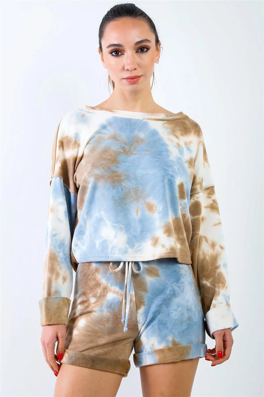 Blue & Mocha Tie-Dye Inside Out Wrap Open Back Sweatshirt & High Waist Shorts Set /3-2-1 - Tasha Apparel Wholesale
