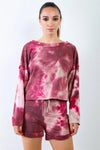 Wine & Sand Tie-Dye Inside Out Wrap Open Back Sweatshirt & High Waist Shorts Set /2-2-1 - Tasha Apparel Wholesale