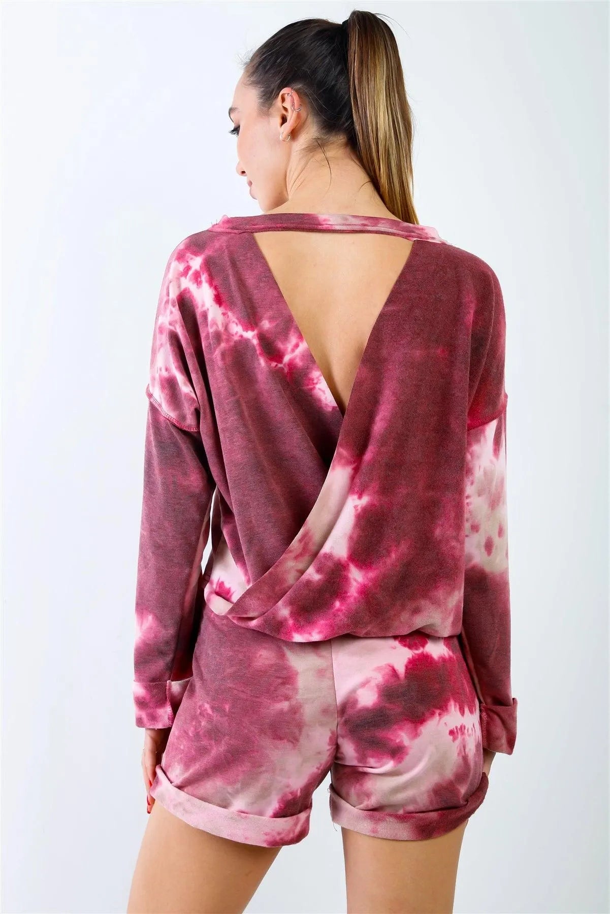 Wine & Sand Tie-Dye Inside Out Wrap Open Back Sweatshirt & High Waist Shorts Set /2-2-1 - Tasha Apparel Wholesale