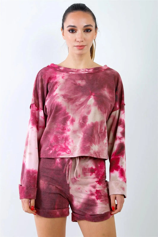 Wine & Sand Tie-Dye Inside Out Wrap Open Back Sweatshirt & High Waist Shorts Set /3-2-1 - Tasha Apparel Wholesale