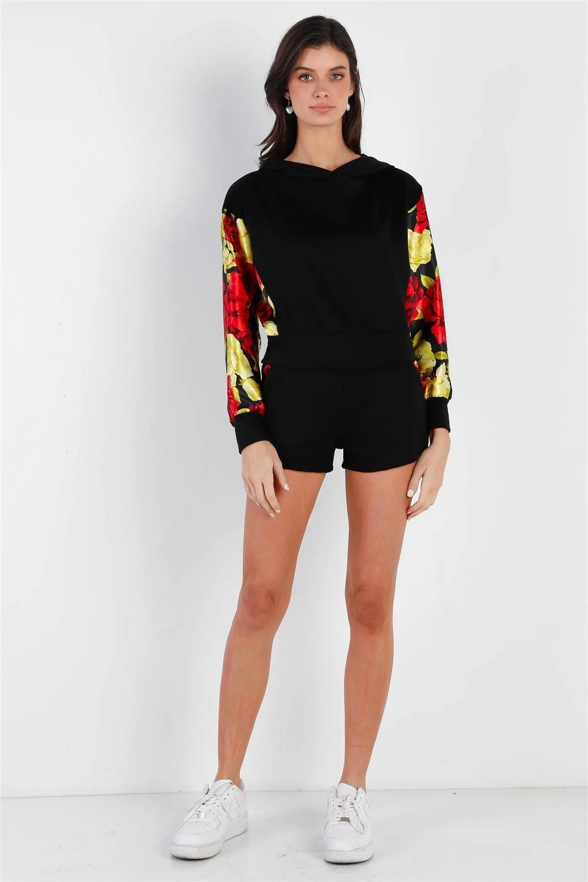 Black & Satin Effect Red & Lime Floral Print Hooded Top & Short Set /2-2-2 - Tasha Apparel Wholesale