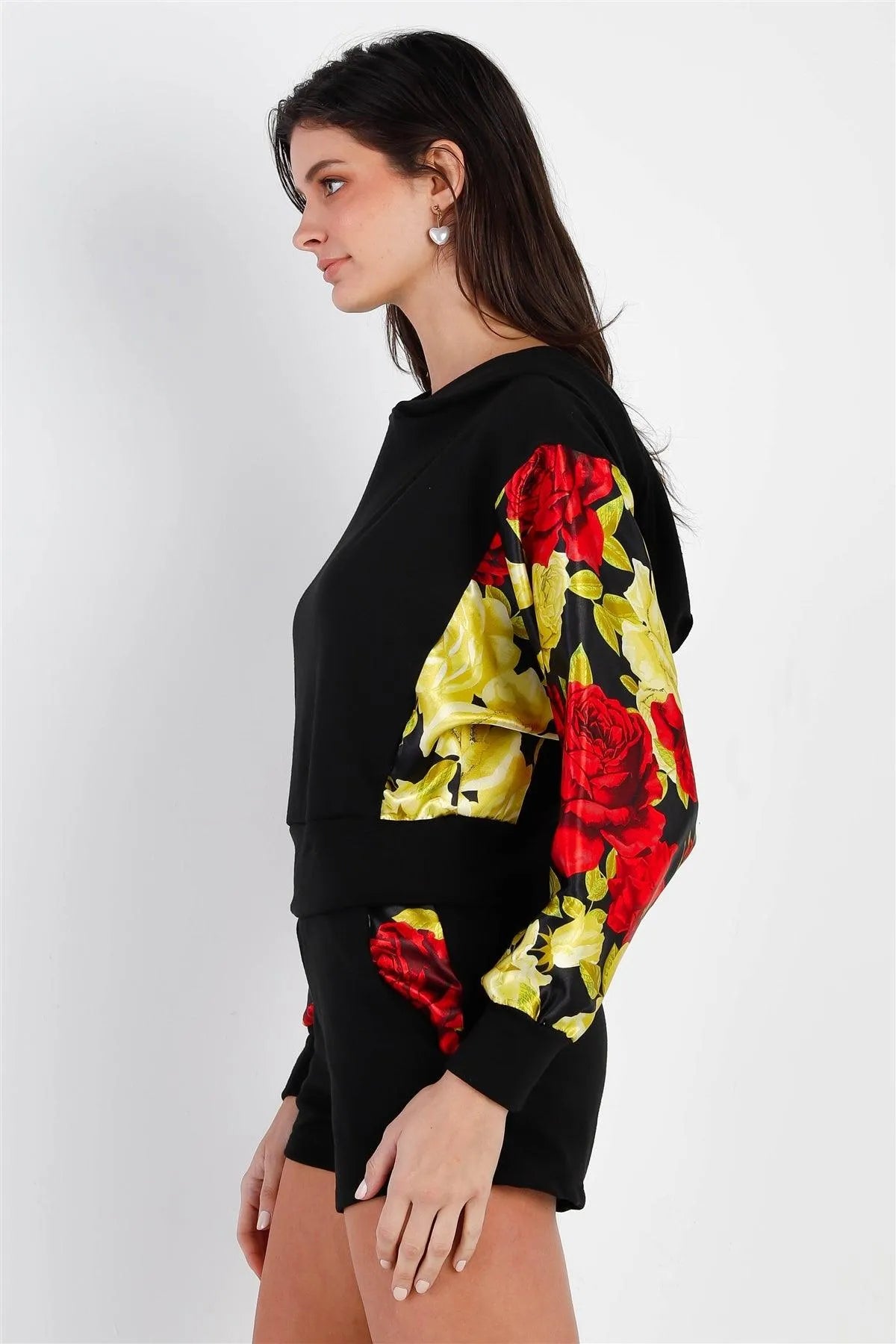 Black & Satin Effect Red & Lime Floral Print Hooded Top & Short Set /2-2-2 - Tasha Apparel Wholesale