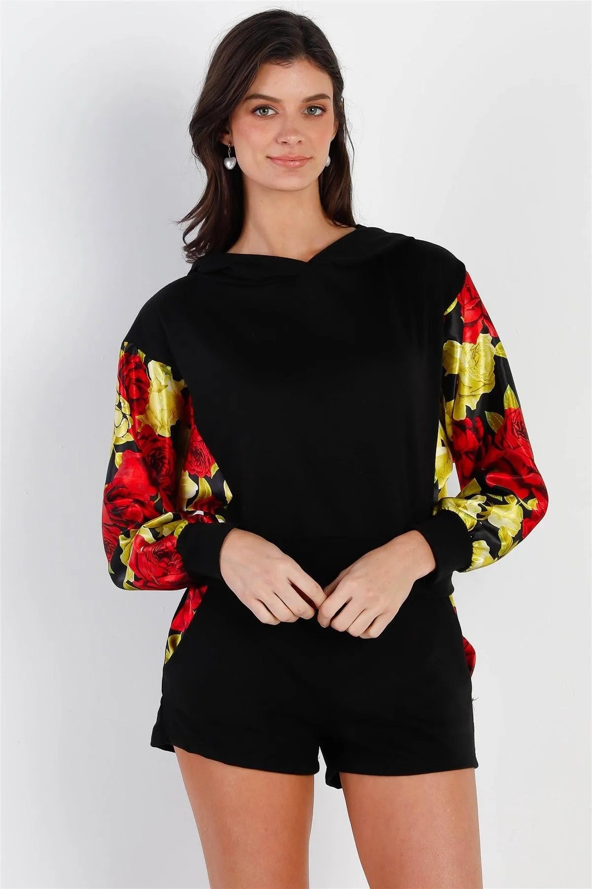 Black & Satin Effect Red & Lime Floral Print Hooded Top & Short Set /2-2-2 - Tasha Apparel Wholesale