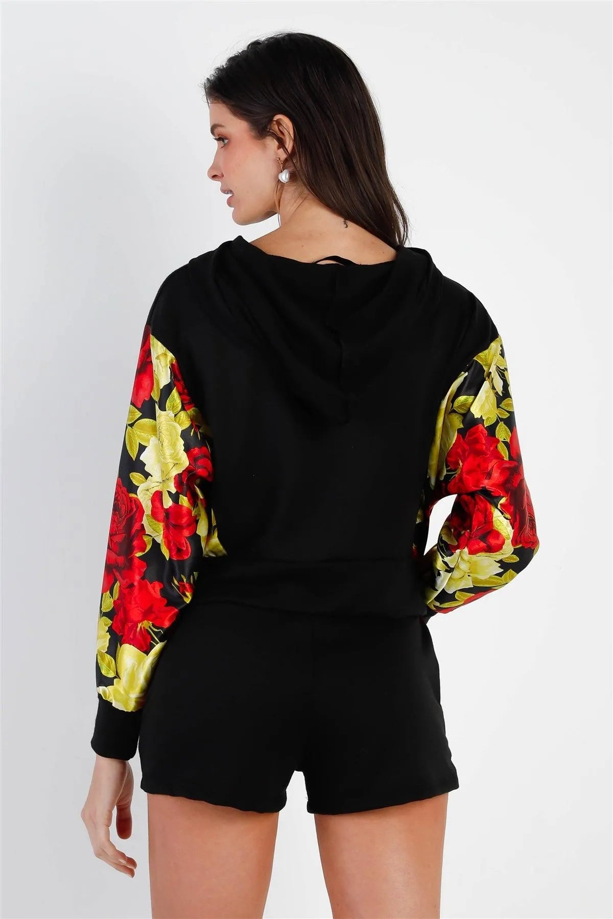 Black & Satin Effect Red & Lime Floral Print Hooded Top & Short Set /2-2-2 - Tasha Apparel Wholesale