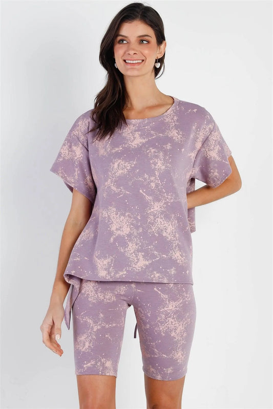 Lavender Splattered Paint Fleece Uneven Length Back Tie Detail Top & Biker Short Set /2-2-2 - Tasha Apparel Wholesale