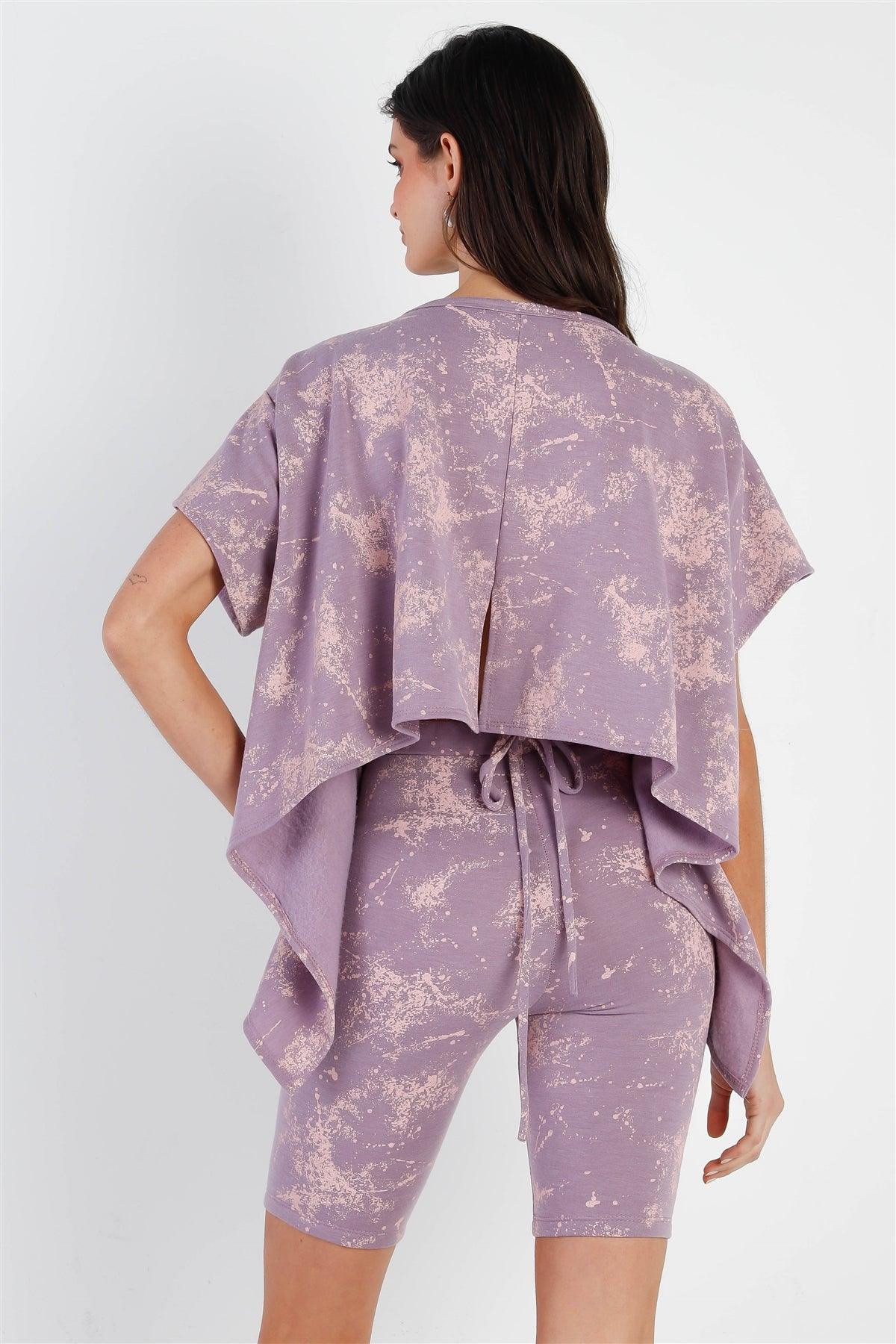 Lavender Splattered Paint Fleece Uneven Length Back Tie Detail Top & Biker Short Set /2-2-2
