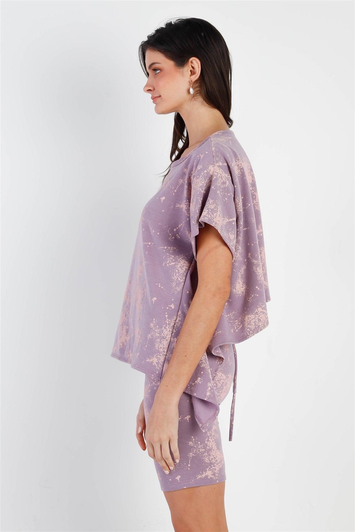 Lavender Splattered Paint Fleece Uneven Length Back Tie Detail Top & Biker Short Set /2-2-2