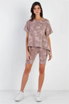 Mocha Splattered Paint Fleece Uneven Length Back Tie Detail Top & Biker Short Set /1-2-2 - Tasha Apparel Wholesale