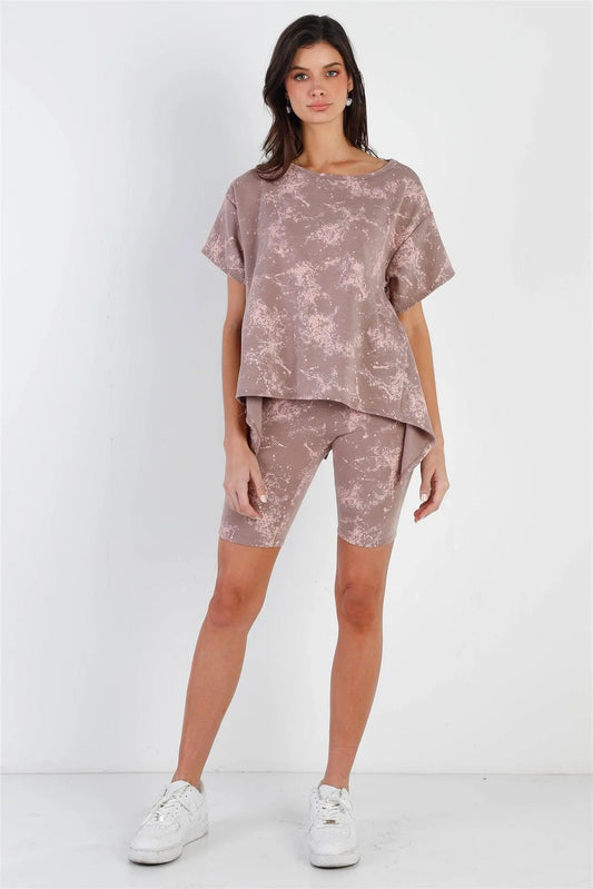 Mocha Splattered Paint Fleece Uneven Length Back Tie Detail Top & Biker Short Set /1-2-2 - Tasha Apparel Wholesale