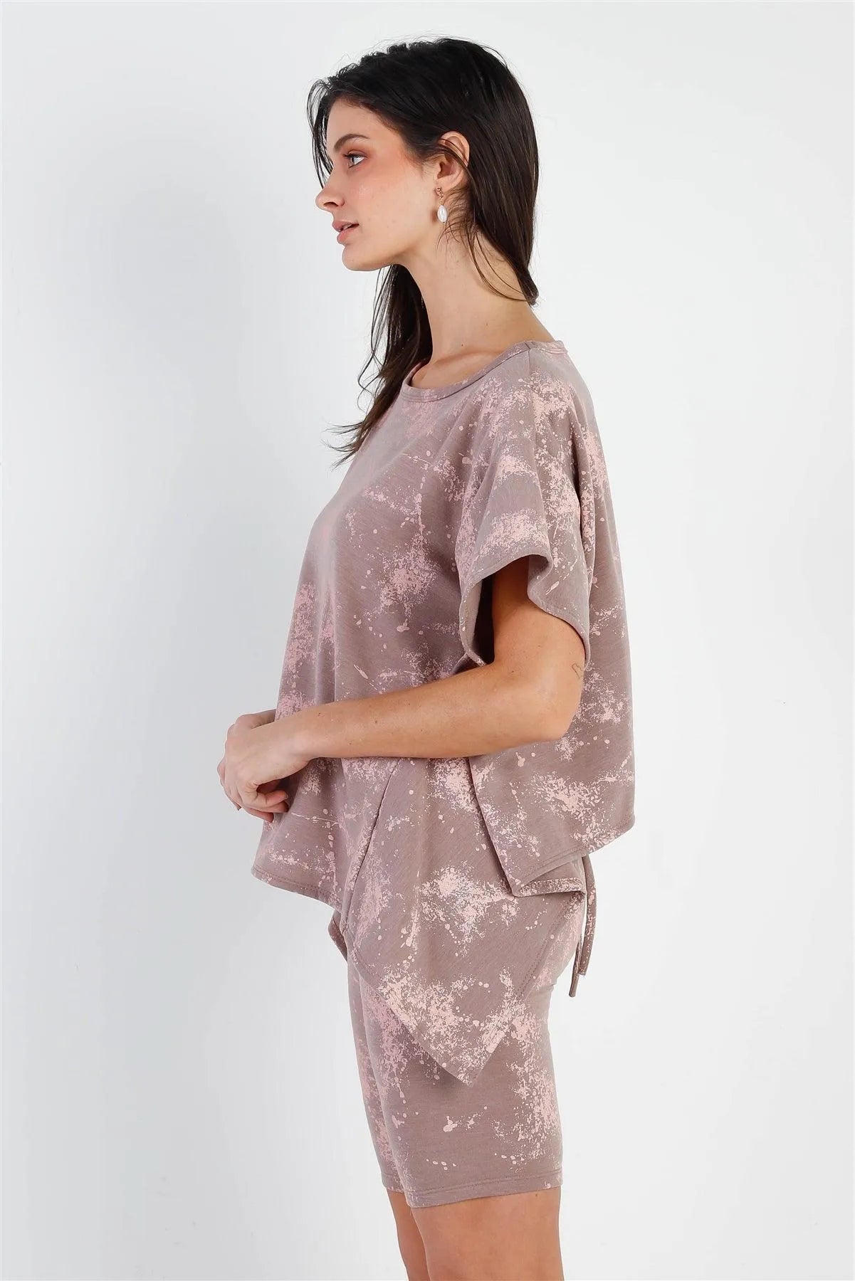 Mocha Splattered Paint Fleece Uneven Length Back Tie Detail Top & Biker Short Set /1-2-2 - Tasha Apparel Wholesale