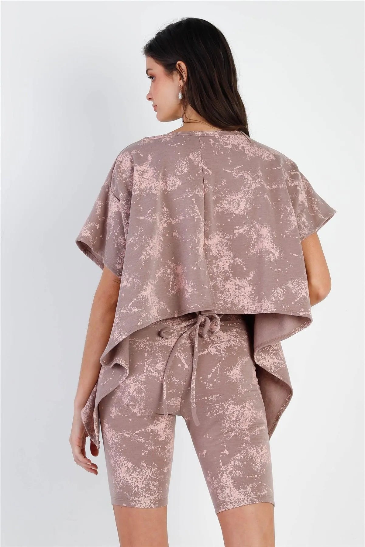 Mocha Splattered Paint Fleece Uneven Length Back Tie Detail Top & Biker Short Set /1-2-2 - Tasha Apparel Wholesale