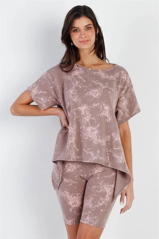 Mocha Splattered Paint Fleece Uneven Length Back Tie Detail Top & Biker Short Set /2-2-2 - Tasha Apparel Wholesale