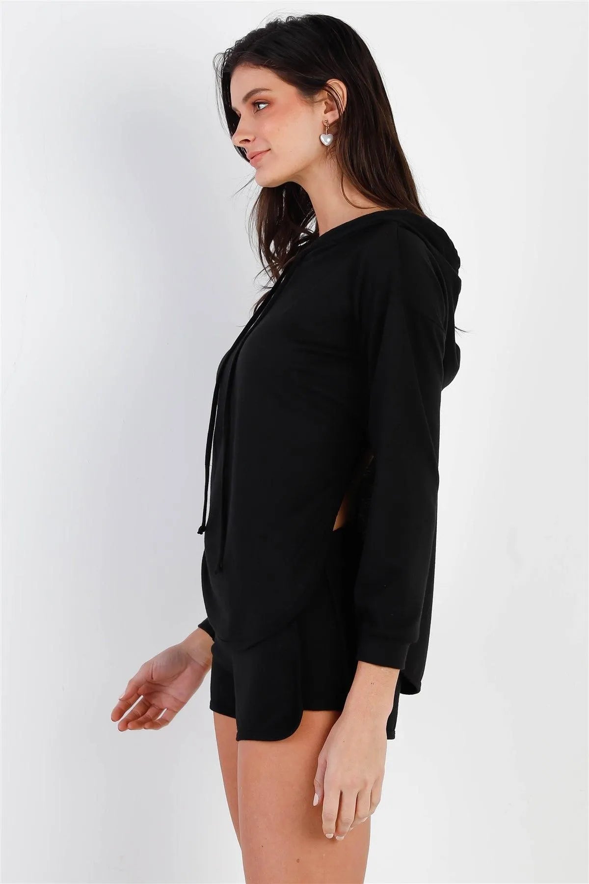 Black Racer Back Detail Long Sleeve Hooded Top & Short Set /1-2-2 - Tasha Apparel Wholesale