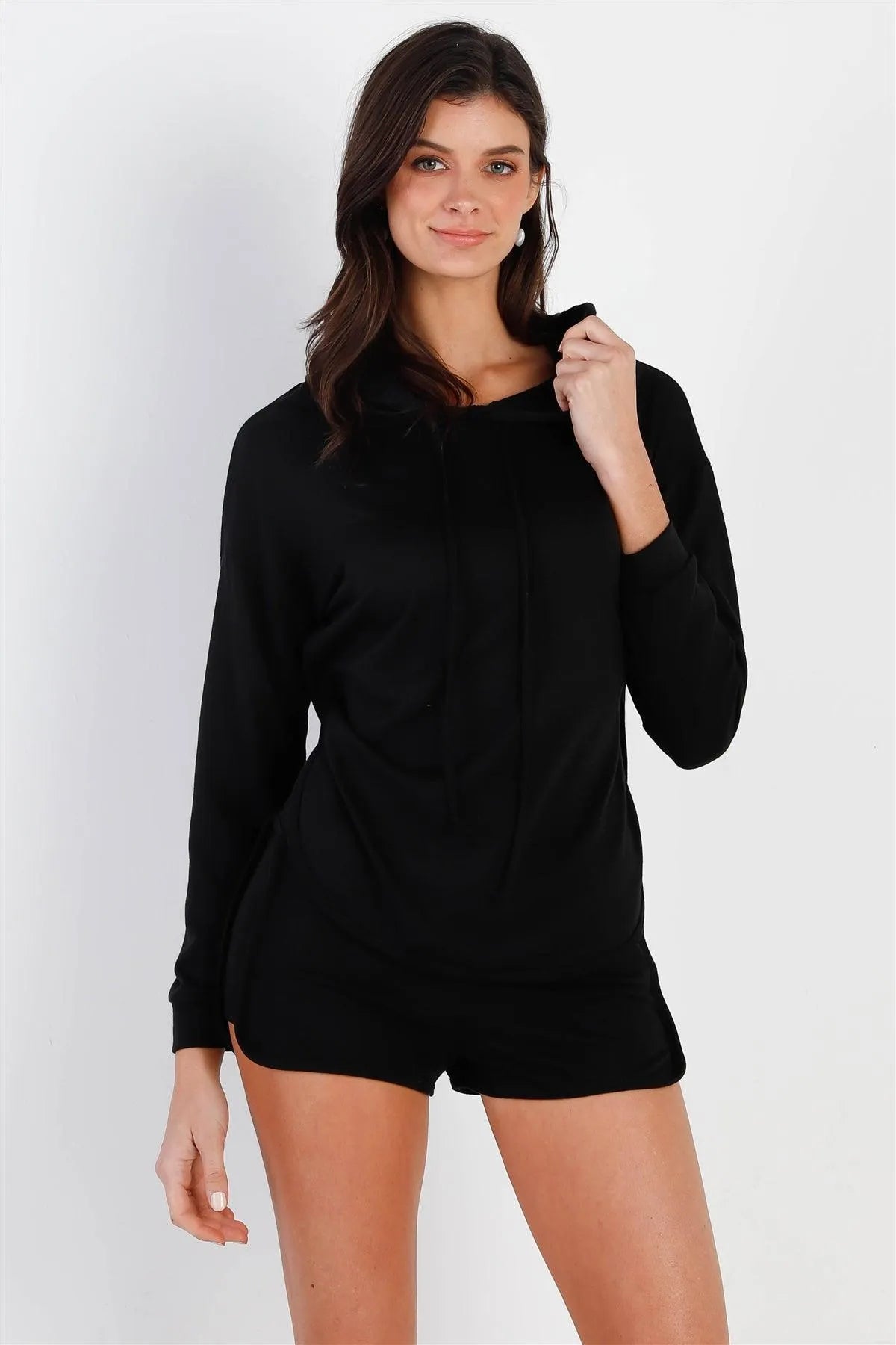 Black Racer Back Detail Long Sleeve Hooded Top & Short Set /1-2-2 - Tasha Apparel Wholesale