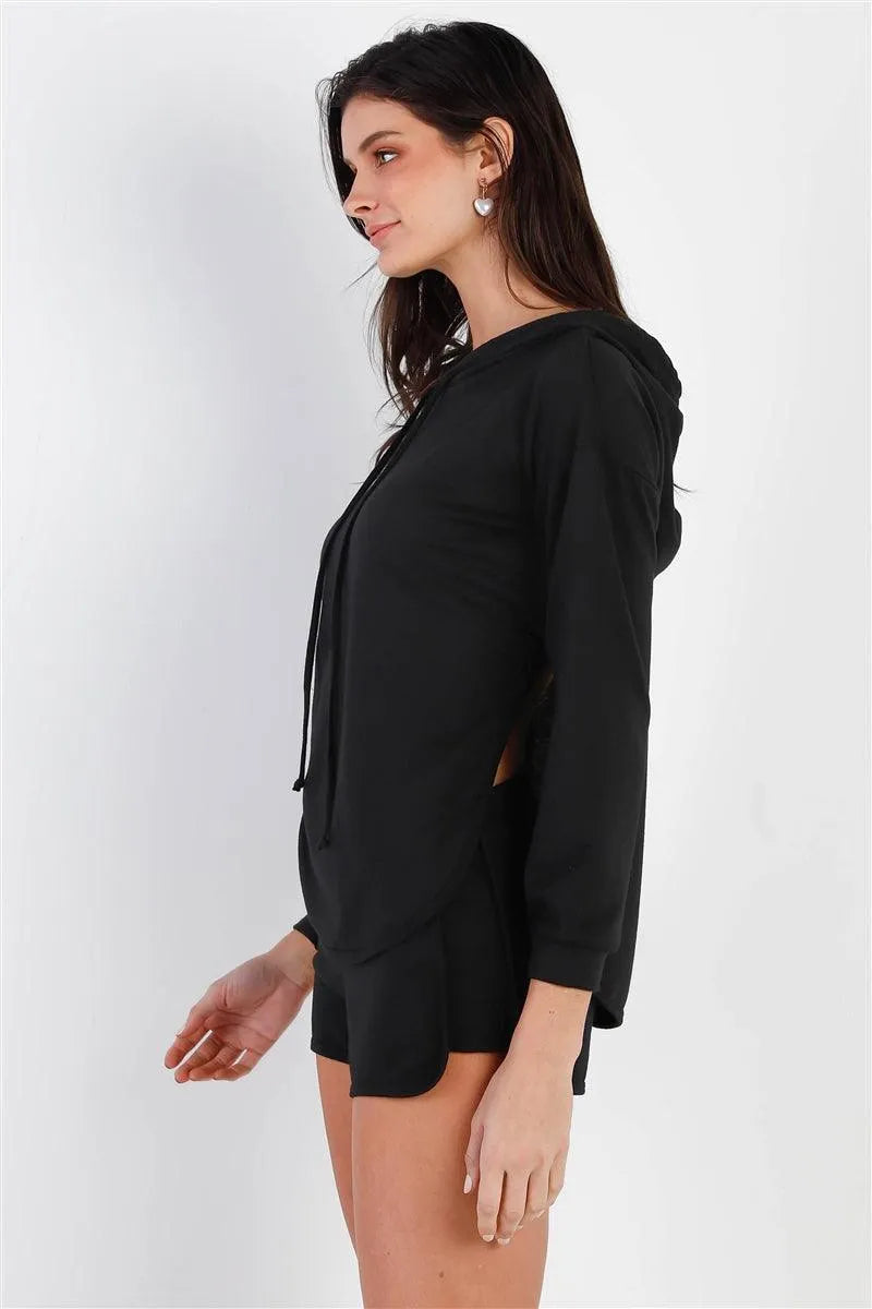 Black Racer Back Detail Long Sleeve Hooded Top & Short Set /2-2-2 - Tasha Apparel Wholesale