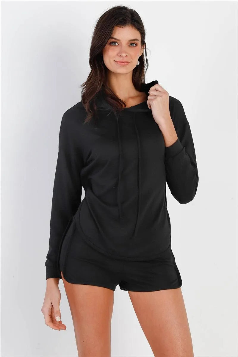 Black Racer Back Detail Long Sleeve Hooded Top & Short Set /2-2-2 - Tasha Apparel Wholesale