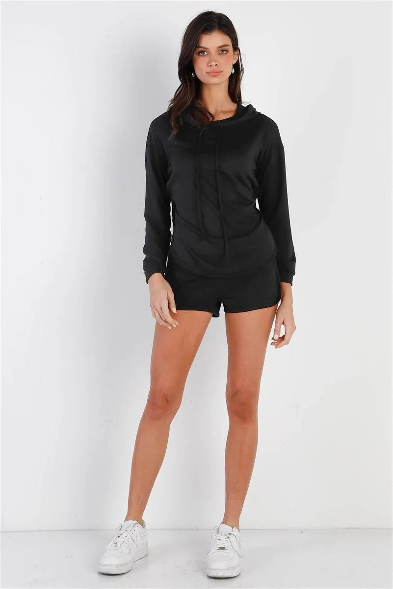 Black Racer Back Detail Long Sleeve Hooded Top & Short Set /2-2-2 - Tasha Apparel Wholesale