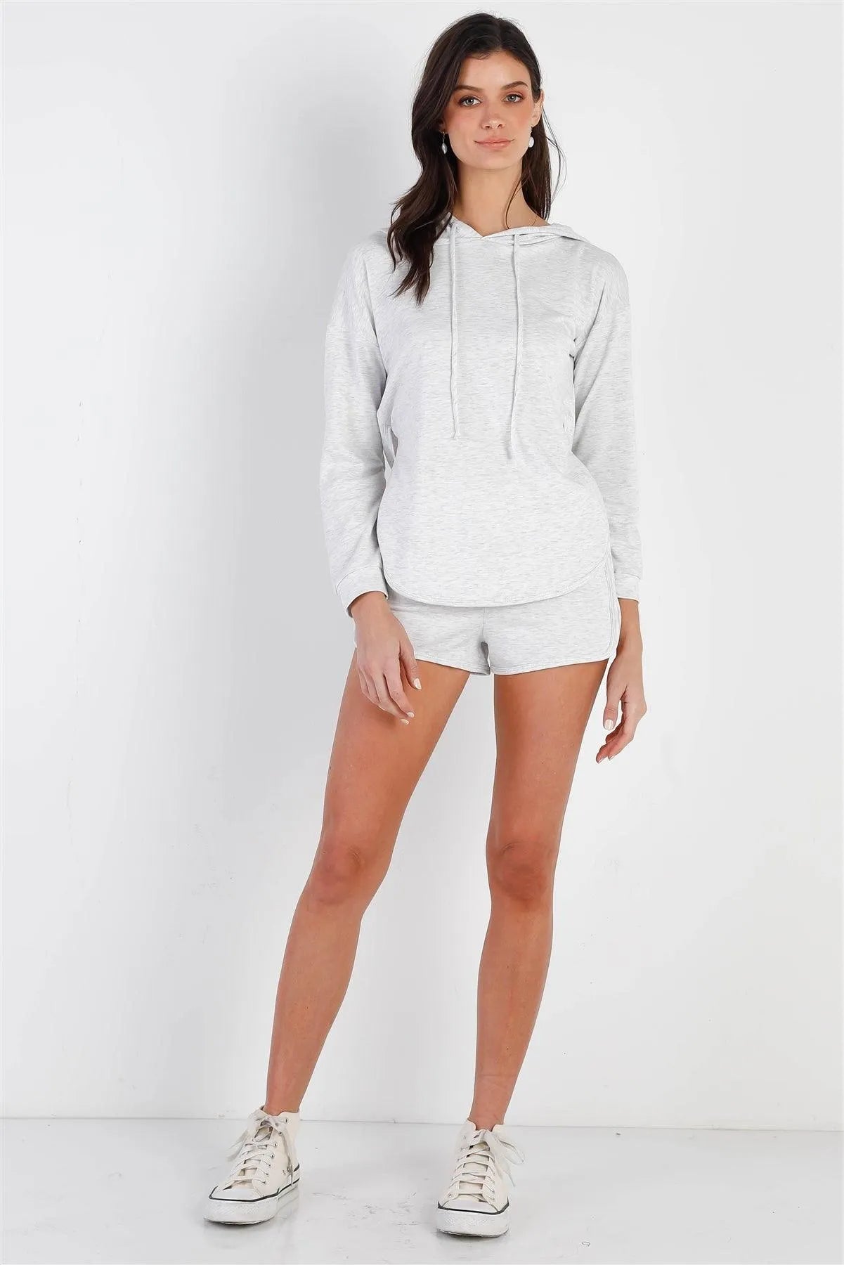 Light Grey Racer Back Detail Long Sleeve Hooded Top & Short Set /2-1-1 - Tasha Apparel Wholesale