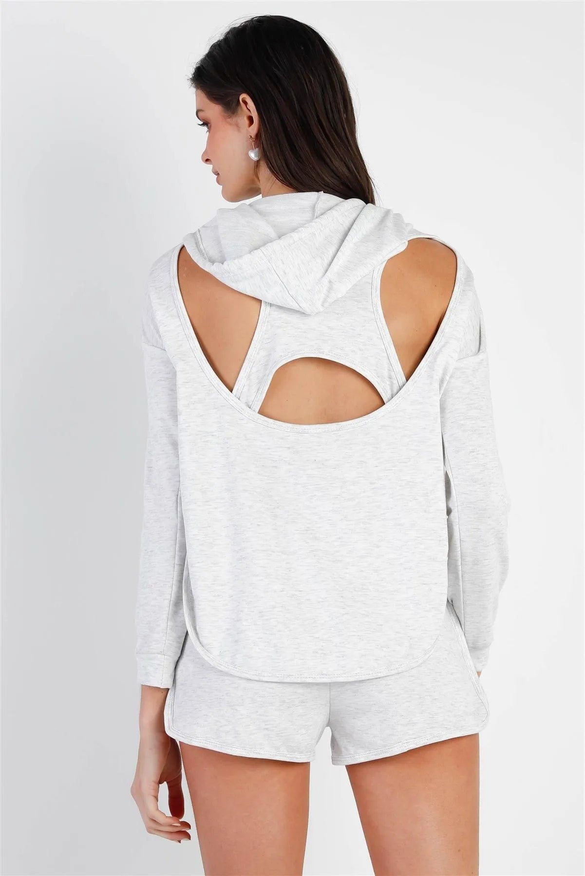 Light Grey Racer Back Detail Long Sleeve Hooded Top & Short Set /2-1-1 - Tasha Apparel Wholesale