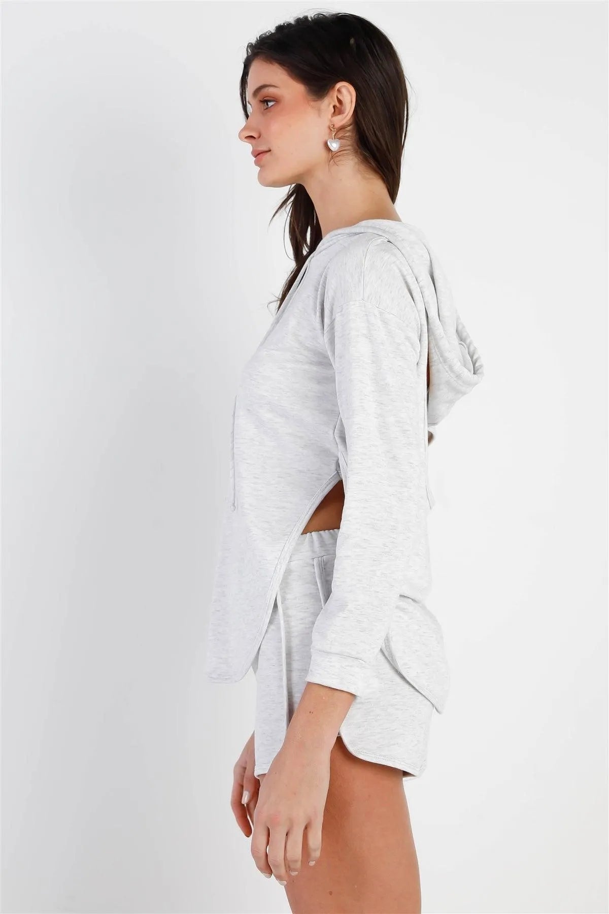 Light Grey Racer Back Detail Long Sleeve Hooded Top & Short Set /2-1-1 - Tasha Apparel Wholesale