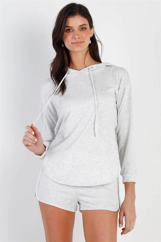 Light Grey Racer Back Detail Long Sleeve Hooded Top & Short Set /2-2-2 - Tasha Apparel Wholesale