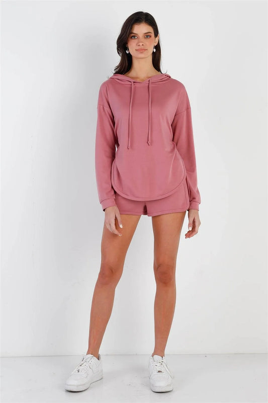 Mauve Racer Back Detail Long Sleeve Hooded Top & Short Set /2-2-1 - Tasha Apparel Wholesale