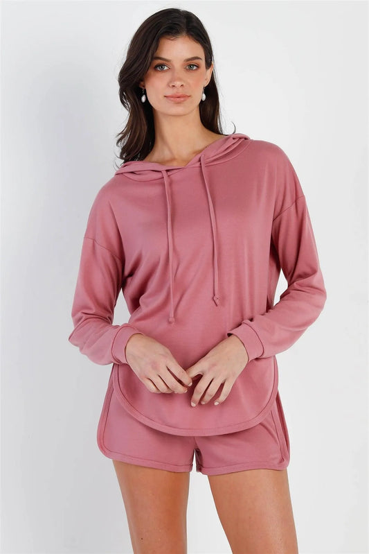 Mauve Racer Back Detail Long Sleeve Hooded Top & Short Set /2-2-2 - Tasha Apparel Wholesale