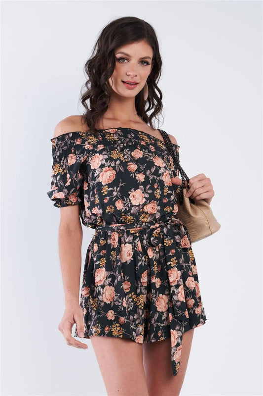 Hunter Green Off The Shoulder Puff Sleeve Rose Print Romper /3-2-1 - Tasha Apparel Wholesale