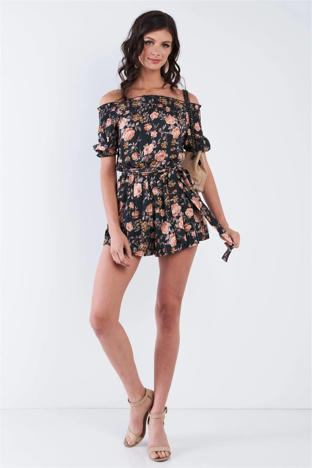 Hunter Green Off The Shoulder Puff Sleeve Rose Print Romper /3-2-1 - Tasha Apparel Wholesale