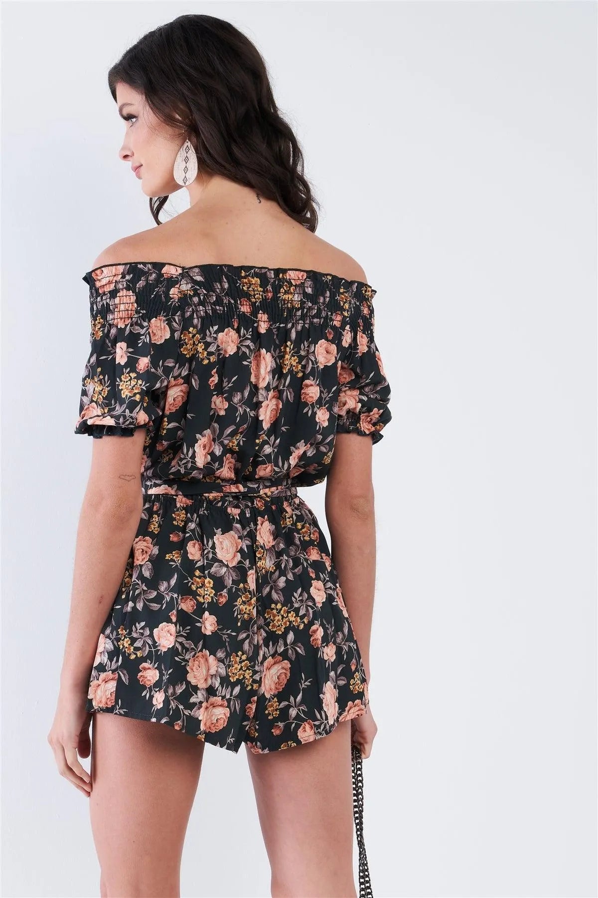 Hunter Green Off The Shoulder Puff Sleeve Rose Print Romper /3-2-1 - Tasha Apparel Wholesale