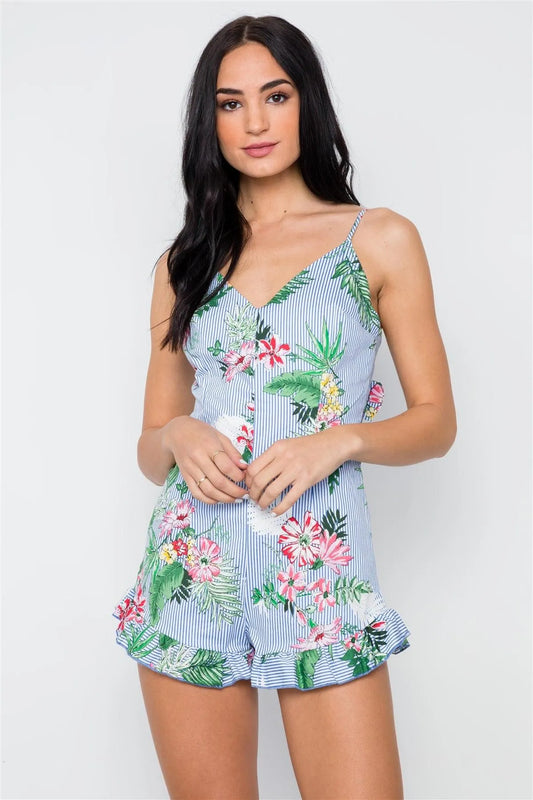 Stripe Blue Tropical Floral Print Ruffle Romper /3-2-1 - Tasha Apparel Wholesale