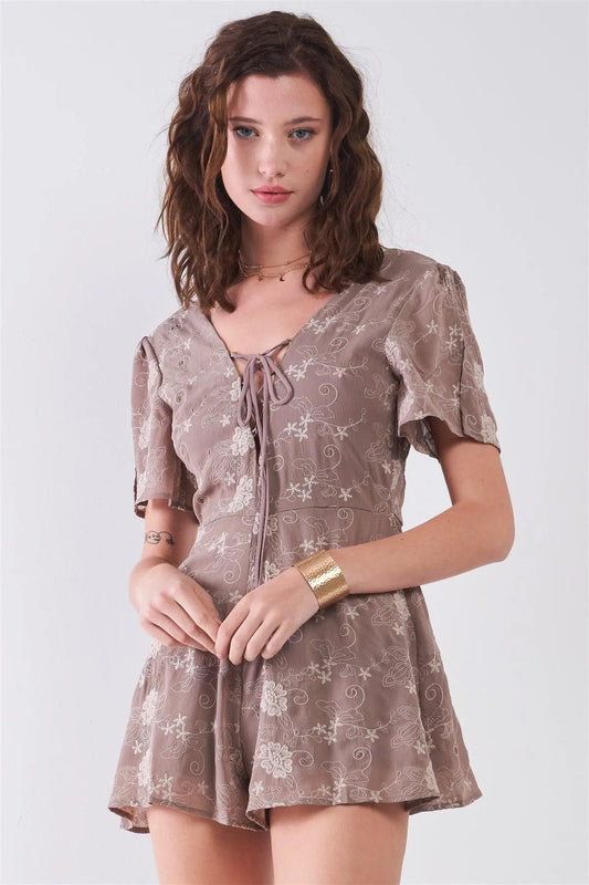 Taupe Floral Embroidery Lace-Up Front V-Neck & Back Slit Sleeve Detail Romper /2-2-2 - Tasha Apparel Wholesale