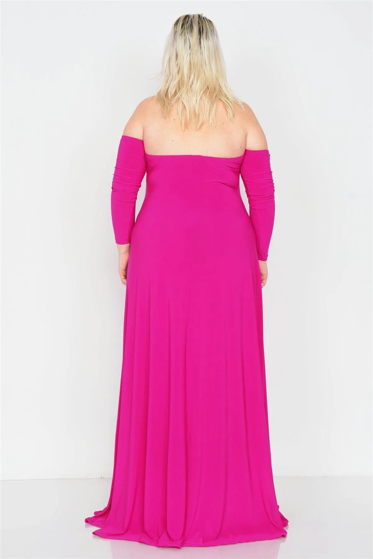 Junior Plus Size Magenta Off-The-Shoulder Elegant Double Slit Maxi Dress /3-2 - Tasha Apparel Wholesale