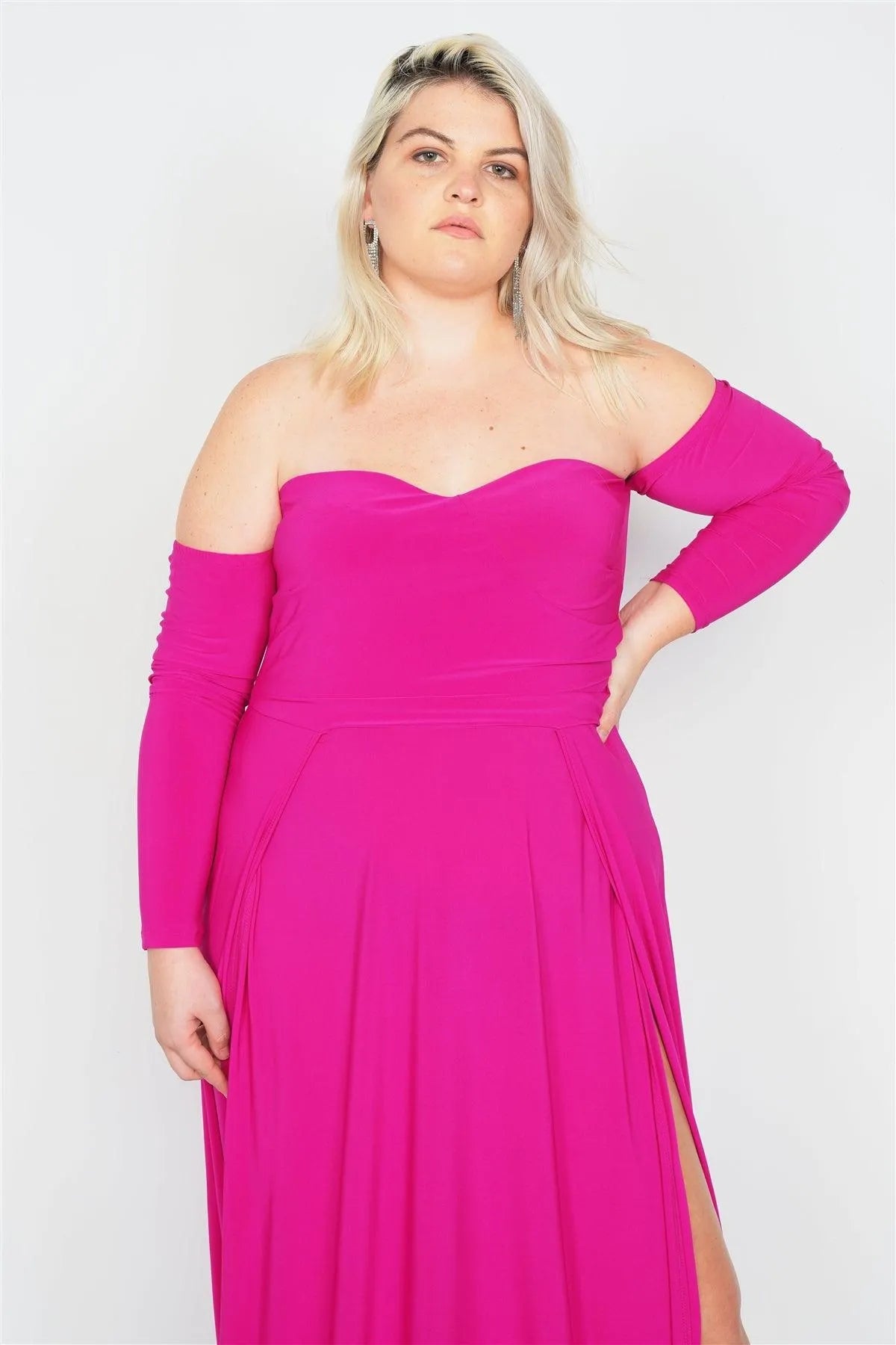 Junior Plus Size Magenta Off-The-Shoulder Elegant Double Slit Maxi Dress /3-2 - Tasha Apparel Wholesale