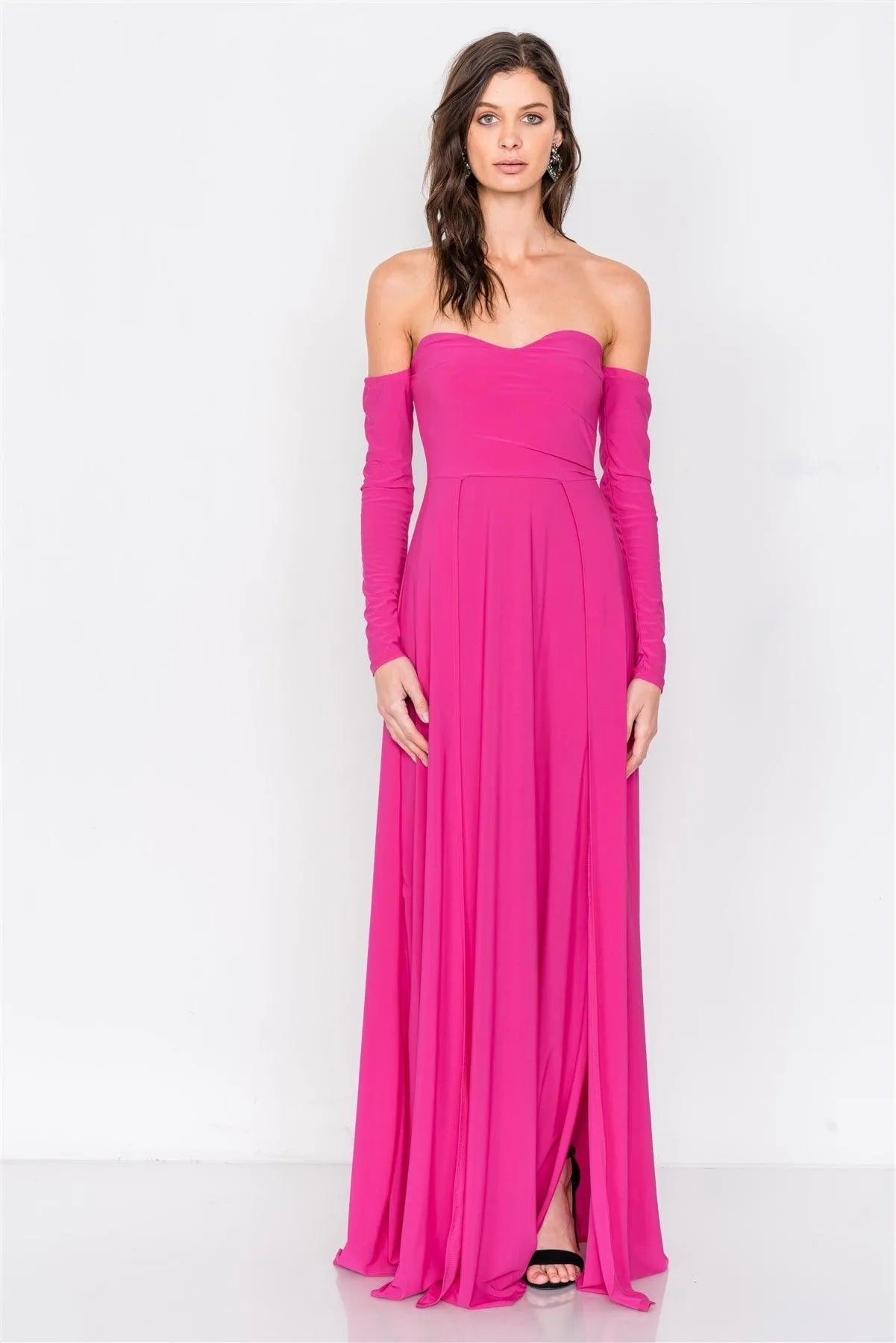 Magenta Off-The-Shoulder Elegant Double Slit Maxi Dress - Tasha Apparel Wholesale