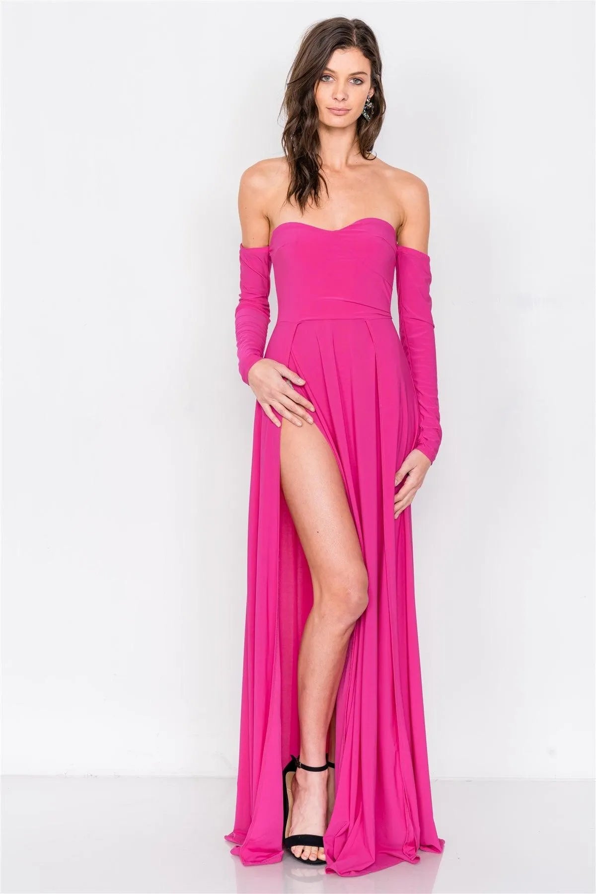 Magenta Off-The-Shoulder Elegant Double Slit Maxi Dress - Tasha Apparel Wholesale