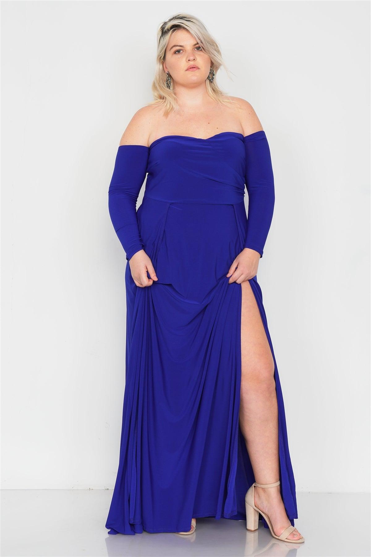 Plus Size Royal Blue Off-The-Shoulder Elegant Double Slit Maxi Dress