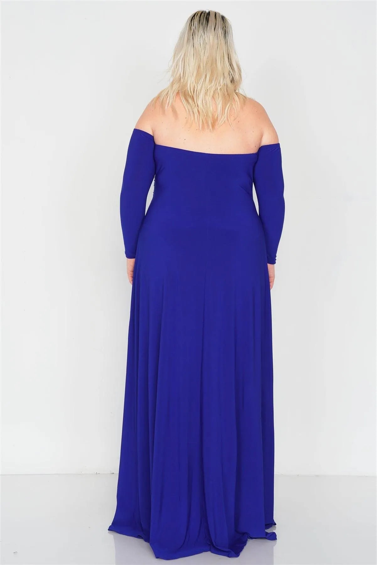 Junior Plus Size Royal Blue Off-The-Shoulder Elegant Double Slit Maxi Dress /2-2-2 - Tasha Apparel Wholesale