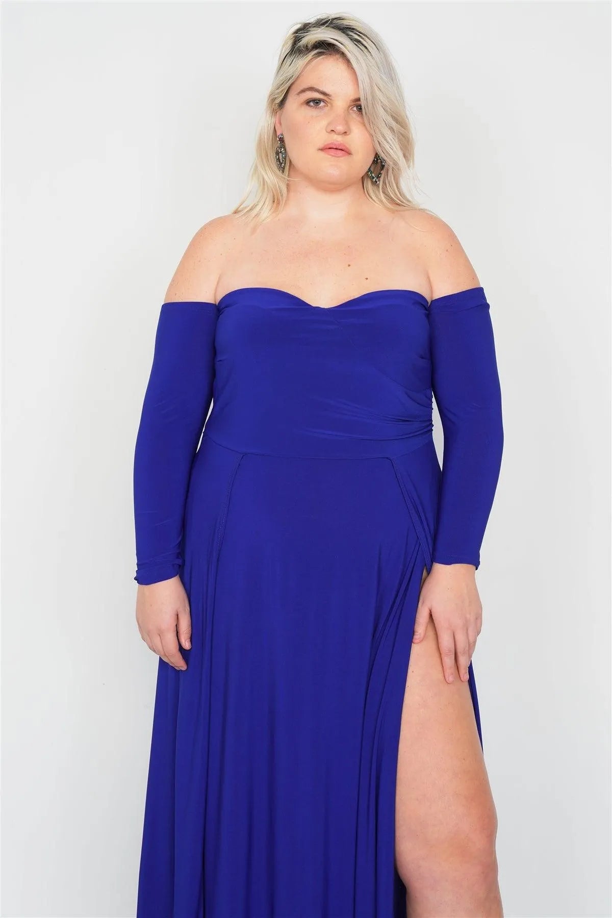 Junior Plus Size Royal Blue Off-The-Shoulder Elegant Double Slit Maxi Dress /2-2-2 - Tasha Apparel Wholesale