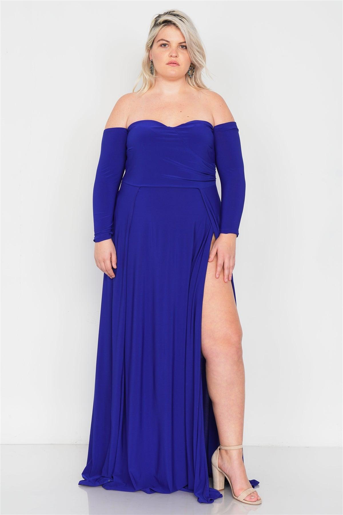 Junior Plus Size Royal Blue Off-The-Shoulder Elegant Double Slit Maxi Dress /2-2-2