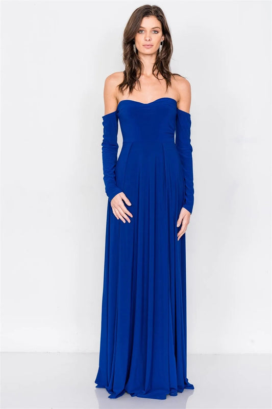 Royal Blue Off-The-Shoulder Elegant Double Slit Maxi Dress - Tasha Apparel Wholesale